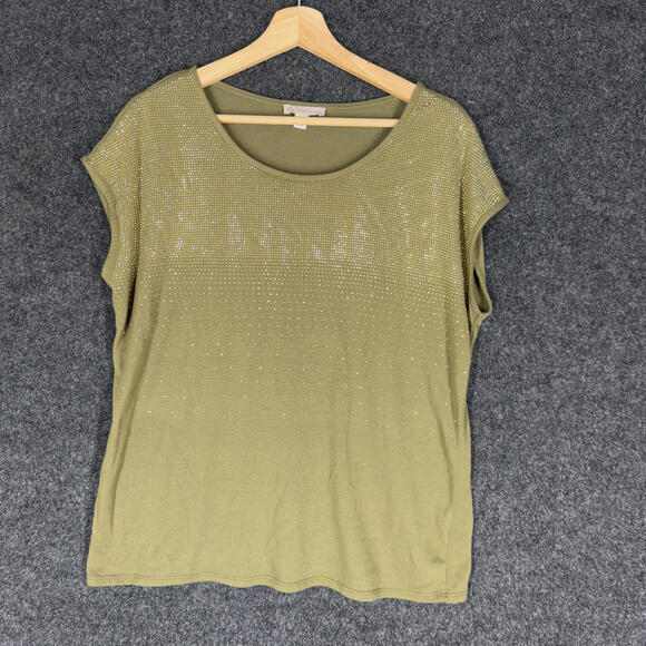 dressbarn Tops - Dressbarn T-Shirt Women L Large Green Rhinestone Short Sleeve Rayon Casual